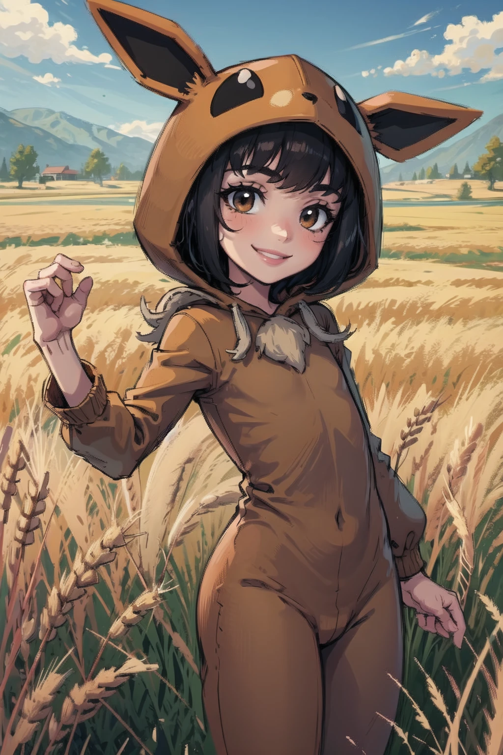 masterpiece, best quality, <lora:EeveeLora-10:0.7>, pokekid, hood, brown onesie, flat chest, smile, wheat field,