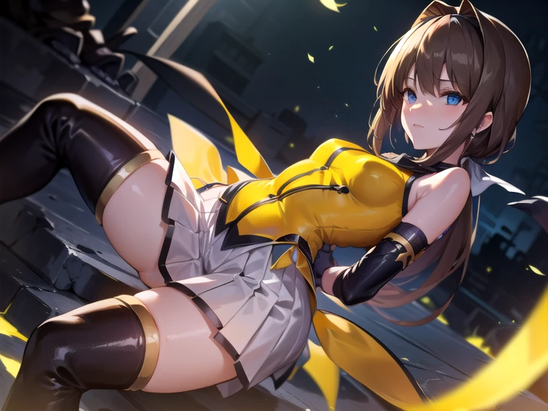 (hyper extreme detailed),(masterpeace),(hyper extreme),(photorealistic),CG,(colour:1.2), beautiful lighting,light from the front, solo,takamori_haruka,blue eyes,brown hair,hairband, yellow and black outfit , white thighhighs,white skirt, black detached sleeves, <lora:TAKAMORI_HARUKA:1>