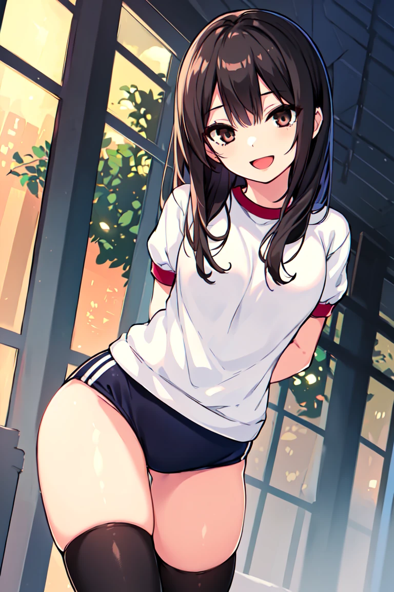 <lora:Coffee Kizoku:0.8>1girl, solo, thighhighs, buruma, bangs, gym uniform, black thighhighs, brown eyes, looking at viewer, smile, open mouth, black hair, brown hair, arms behind back
