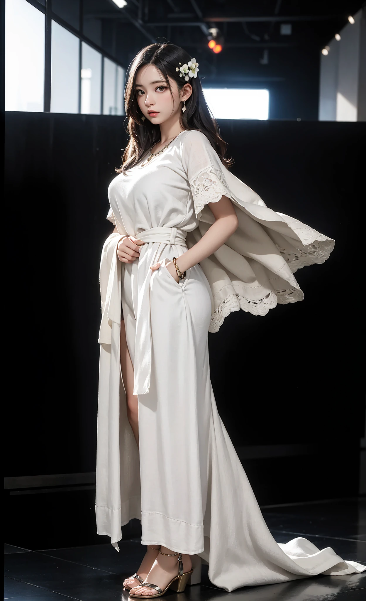 (masterpiece, best quality), (photo realistic), RAW, HDR, intricate detail, (detailed face), (detailed Eyes), 1girl, solo, (pretty cute sexy korean girl),
(8k background),
(Full body:1.2),
Look at the camera,
slender body,
shiny skin, pale skin,
Realistic Skin,
variety of hairstyles,
round gigantic breasts:0.8,
wide hip:0.5, round hips,
(Simple Black Sky and White Runway Background),
(linen Short Sleeves Summer maxi dress, loose linen cotton kaftan oversize bridesmaid dress),
Various earrings,
Variety of necklaces,
Various bracelets,
(hands in pockets),