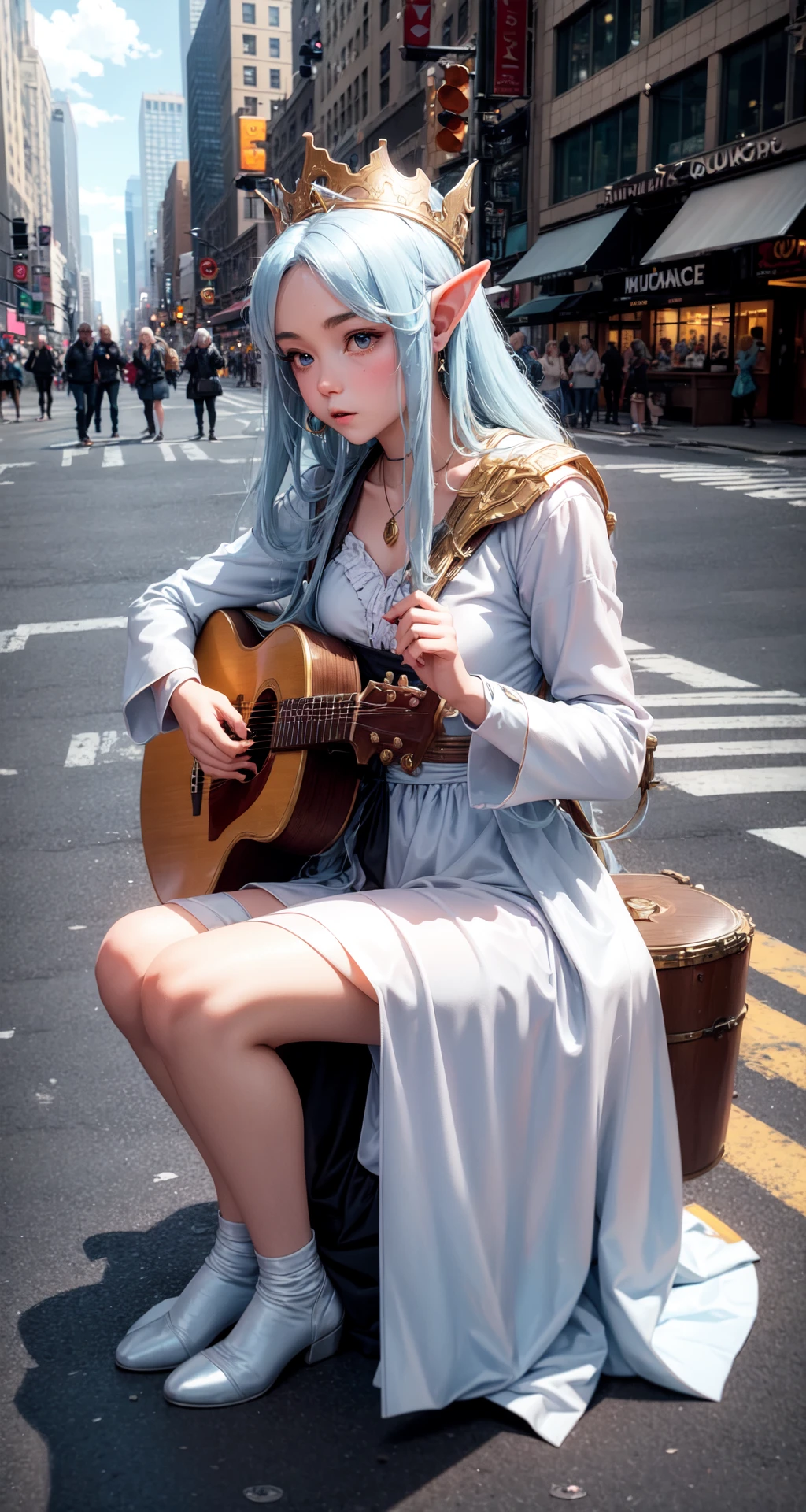 masterpiece, best quality, 1girl, the cloud elf queen busks on the streets of new york, small crowd gathering around the performance, casual