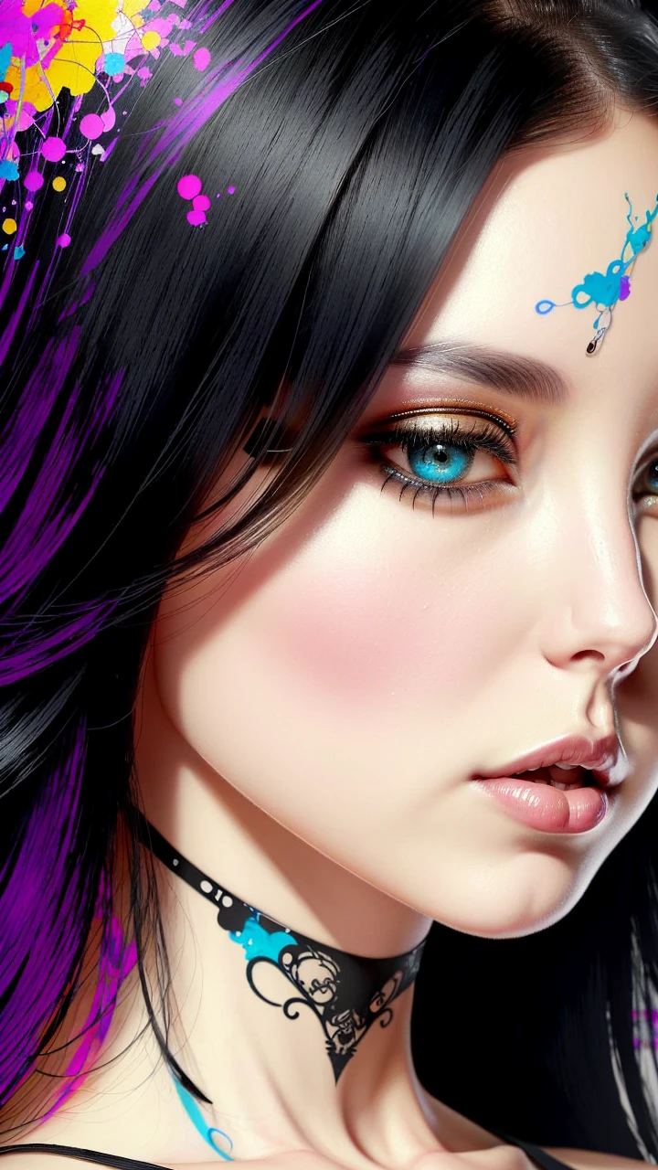 A skinny 20 years old italian girl with punk colored hair, detailed eyes, nose and lips, in a dark, macabre, subculture fashion and music scene, lit by dreamwave lighting, in a clean, intricate, highly detailed, sharp focus, realistic 8k scenery, with good quality, 35mm, bokeh, 9:16 aspect ratio, and intricate details, hyperdetailed, detailed, high contrast, official art, extreme detailed, highest detailed.