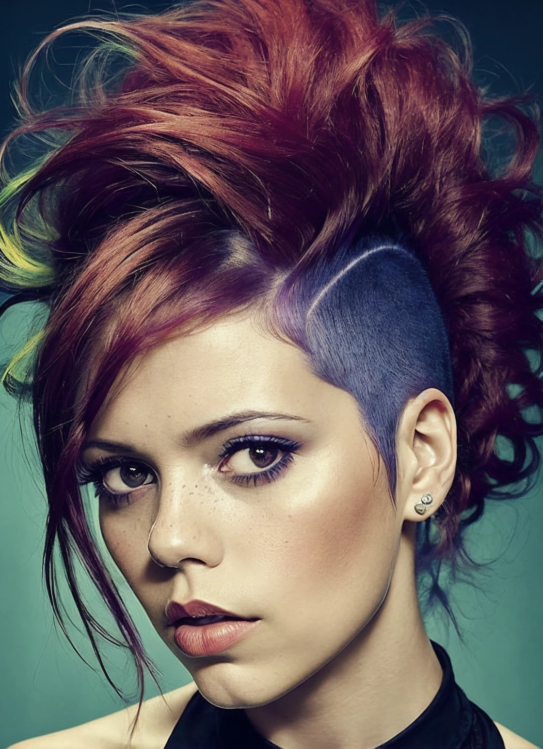 portrait of sks woman by Flora Borsi, style by Flora Borsi, bold, bright colours, rainbow Mohawk haircut, ((Flora Borsi)), <lora:locon_winonaryder_v1_from_v1_64_32:1>