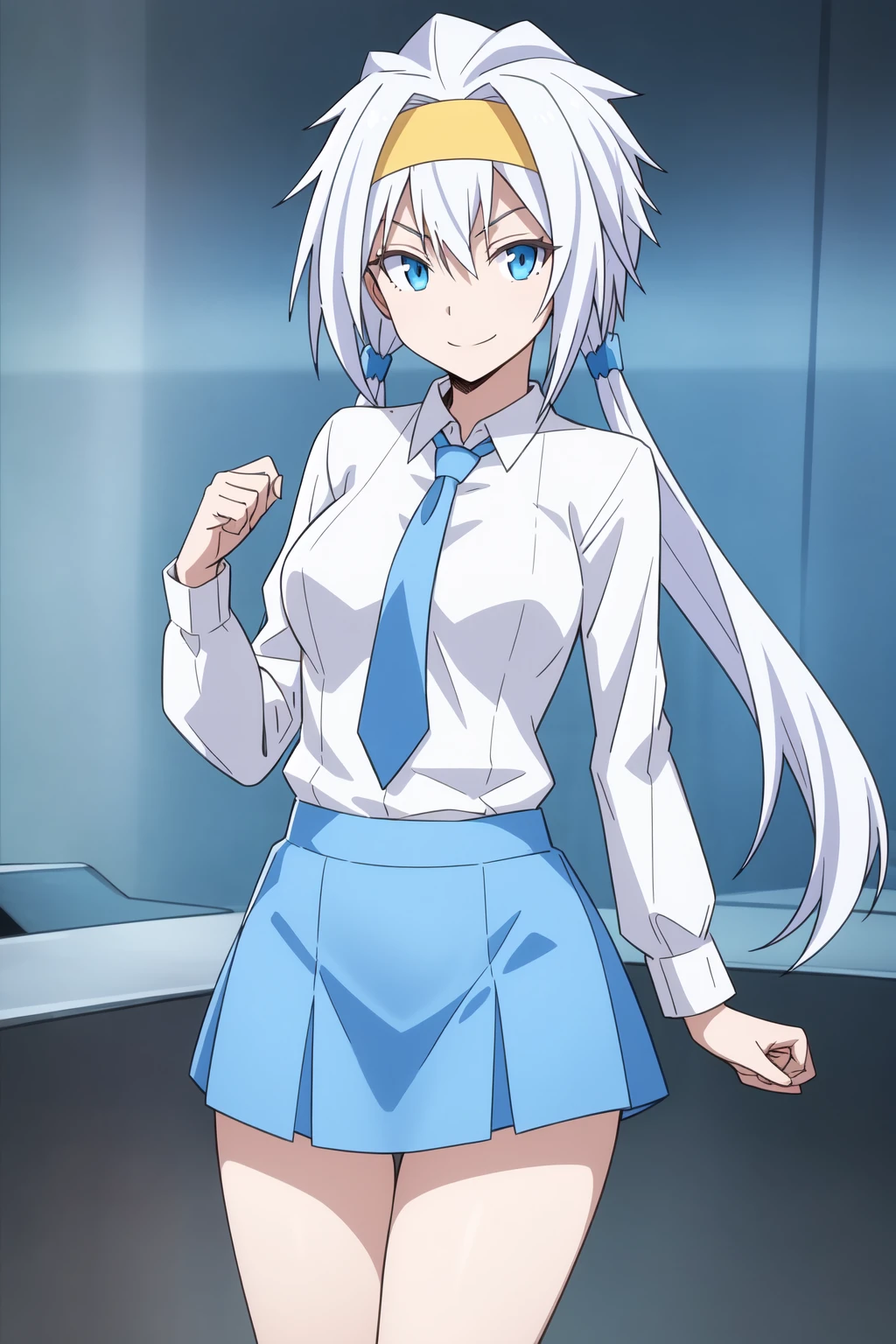 best quality, ultra detailed, 1girl, solo, standing, bangs, medium breasts, white shirt, necktie, stare, smile, (evil:1.2), looking at viewer, (interview:1.3)
<lora:VelzardMergeV1:0.8> Velzard