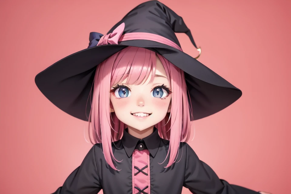 masterpiece,(best quality, high quality, highres:1.2), a woman in a witches hat and black dress with lights behind her and a pink background with a starburst, blurry, depth_of_field, facing_viewer, red_background, red_sky, smile, solo, bloodborne, a hologram, magical realism, (flat_color:1.1), (anime_coloring:1.1), (realistic_nose:-1)
