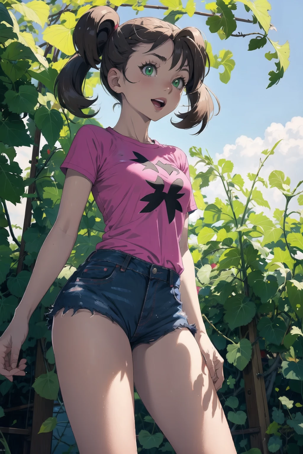 masterpiece, best quality, <lora:ShaunaLora-10:0.7>, shauna \(pokemon\), small breasts, pink shirt, denim shorts, :d, vineyard, grape vine, french countryside, green eyes,