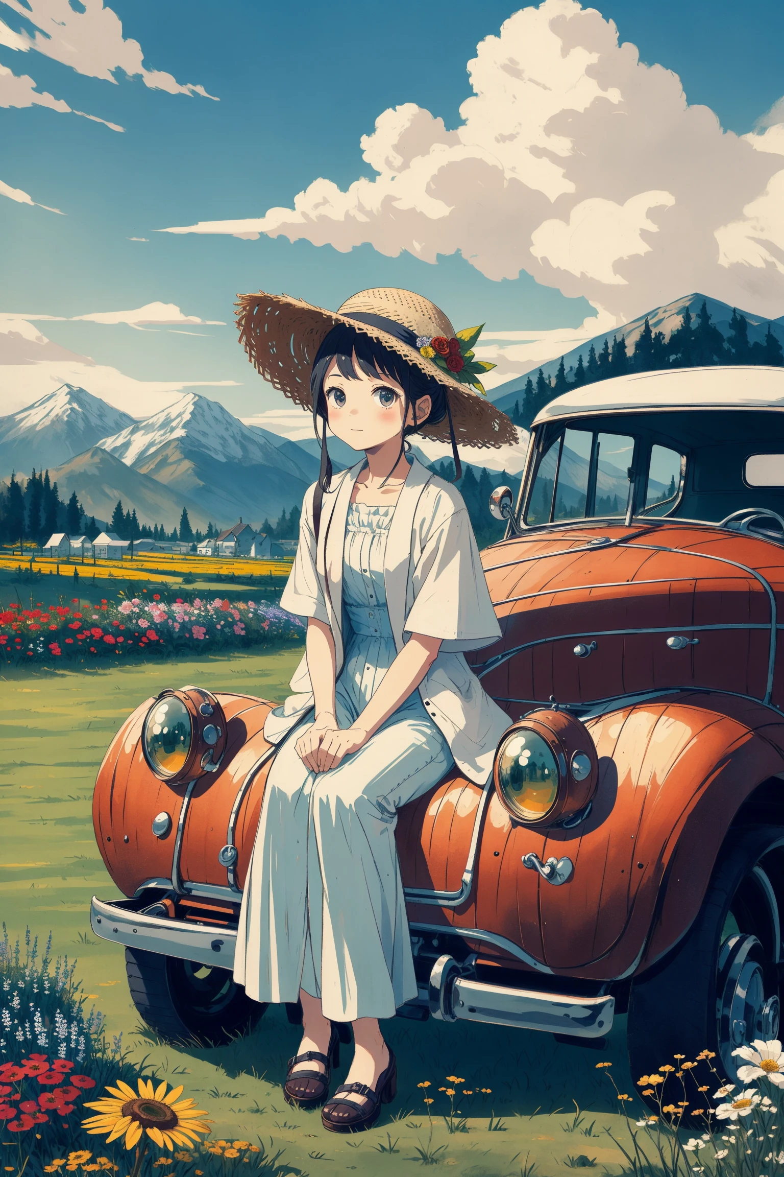 The chibi girl sat on an antique Beetle car, with a straw hat, lawn, blue sky, white clouds, distant mountains, countryside, flowers<lora:detailmaker:-6>