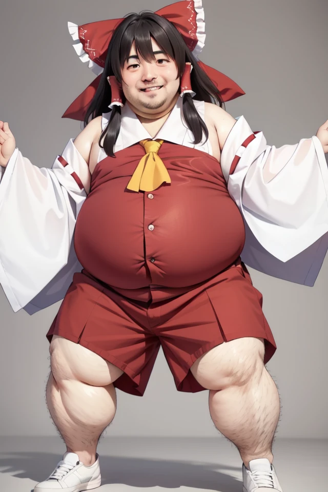 masterpiece,(high quality, best quality:1.2), smile, (mature fat man:1.3), (hakurei reimu:1.1)