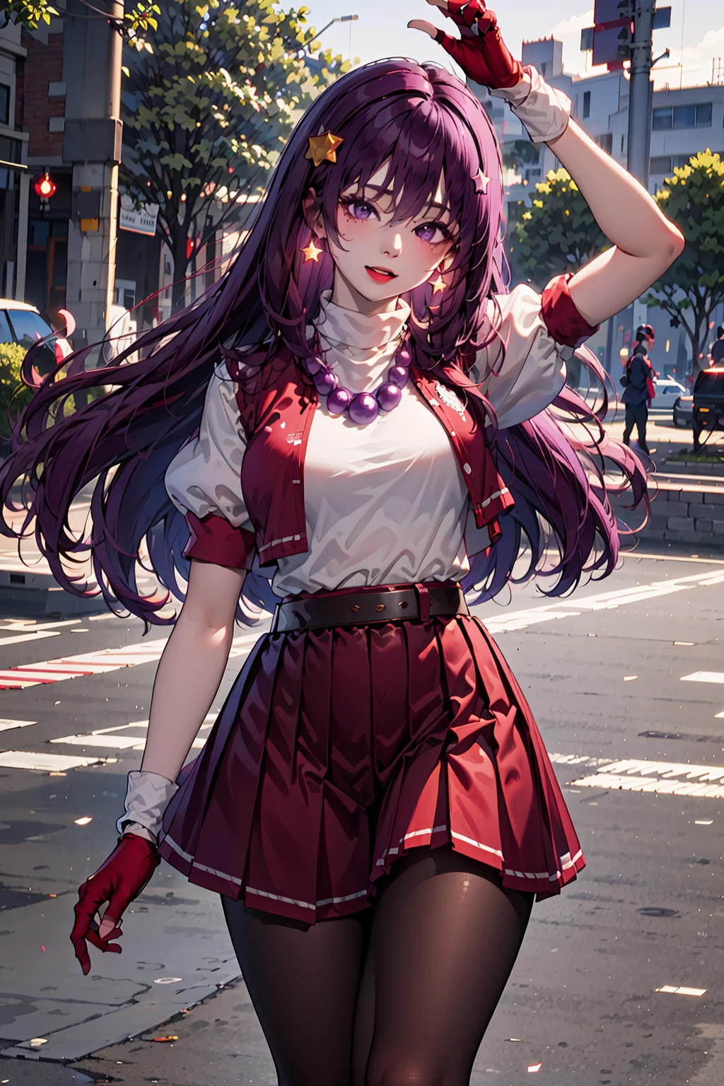 (masterpiece, top quality, best quality, official art, beautiful and aesthetic:1.2), (1girl:1.3), (fractal art:1.3), 
solo, athena97,
purple eyes, purple hair, long hair, earrings, red hairband, star hair ornament,upper body, 
 medium breats, red open vest, white turtleneck, white puffy sleeves, short sleeves, red pleated skirt, deep red pantyhose,yellow belt,(puple spherical necklace:1.2), red fingerless gloves,
(outdoors),  sunlight, cosplay photo,  (cinmatic:0.4),street simple background,<lora:Athena97final:0.8>