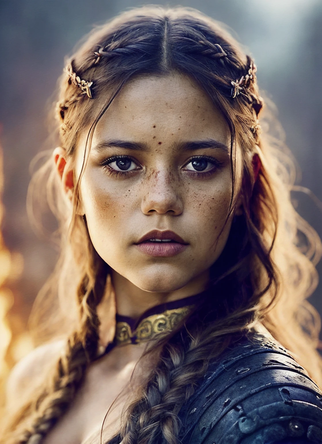 A stunning intricate full color portrait of (sks woman:1) as (viking warrior), (barbarian), epic character composition, by ilya kuvshinov, alessio albi, nina masic, sharp focus, natural lighting, subsurface scattering, f2, 35mm, film grain, <lora:locon_jennaortega_v1_from_v1_64_32:1.25>