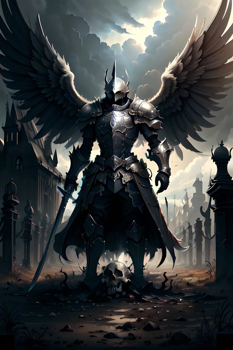 (best quality:1.2), (masterpiece:1.2), angel holding sword, armor, dark wings, hidden face, <lyco:S12 V4 1.0_28800:0.25>, <lora:GothicHorrorAI:0.8>, gothichorrorai, skulls on ground, sun shining through clouds