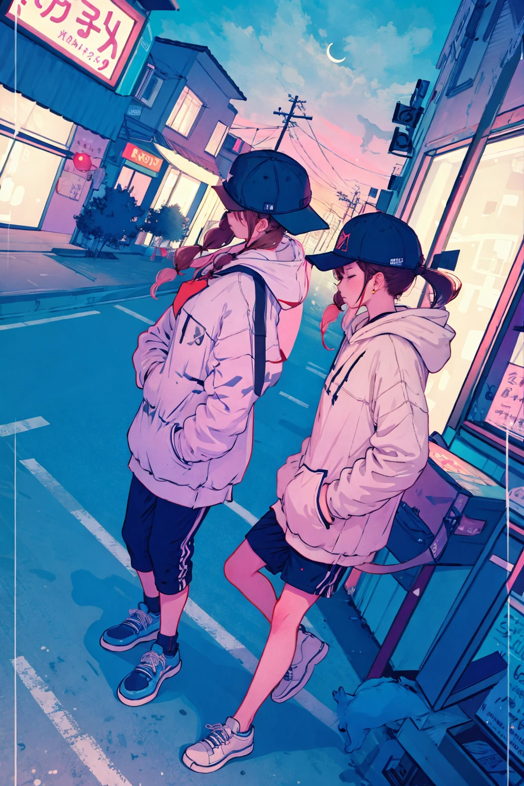 cat, 1girl, bag, hat, solo, long_sleeves, building, standing, outdoors, shoes, hood, railing, holding, from_above, shopping_bag, scenery, baseball_cap, crescent_moon, sneakers, hoodie, night, shadow, plastic_bag, long_hair, short_hair, animal_ears, blue_theme, holding_bag, city, wide_shot, fisheye, apartment, hood_down, animal, dutch_angle, moon, balcony, window, jewelry, fake_animal_ears, from_behind, sleeves_past_wrists, food, white_headwear, white_footwear, sky, air_conditioner, stairs, fruit, twintails, puffy_long_sleeves, walking, glowing, pink_headwear, pink_hair, sweater, full_body, limited_palette, cityscape, road, perspective, star_\(symbol\), black_cat, street, bare_legs, rooftop, shorts, door, grocery_bag, white_cat, alley, bangs, shirt, sign, hood_up, puffy_sleeves, shoulder_bag, white_hoodie, earrings, jacket, choker, neon_lights, tail, lamppost, looking_at_viewer, from_below, power_lines, facing_away, hand_in_pocket, looking_up, brown_hair, day, smile, black_hair, hands_in_pockets, backpack, sandals, apple, star_\(sky\), off_shoulder, braid, white_shirt, beanie, light_particles, pants, blonde_hair, looking_away, male_focus, handbag, dress, two_tails, house, cat_ears, medium_hair, sweater_dress, white_hair, sleeves_past_fingers, cabbie_hat, twin_braids, shade, bridge, animal_hood, closed_eyes <lora:whitedew-pynoiseloha:1>