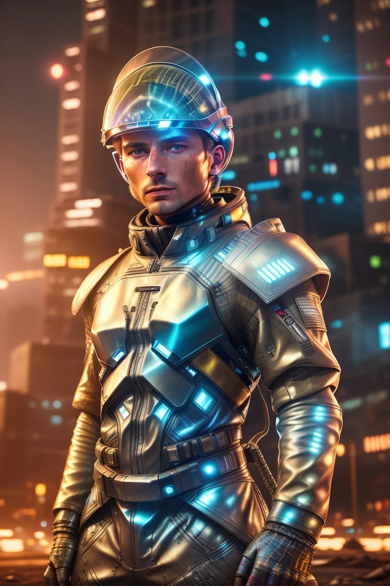 end of the world, epic realistic, (hdr:1.4), apocalypse, freezing, abandoned, night, screen space refractions, (intricate details), (intricate details, hyperdetailed:1.2), artstation, cinematic shot, complex background, buildings, professional cinematic photoshoot of an astronaut, sharp focus, dof, bokeh, head down, standing on a street, close up, wearing cloth weird future fashion with a metallic astronaut visor and helmet, <lora:weird future fashion_v2:1>, toned body