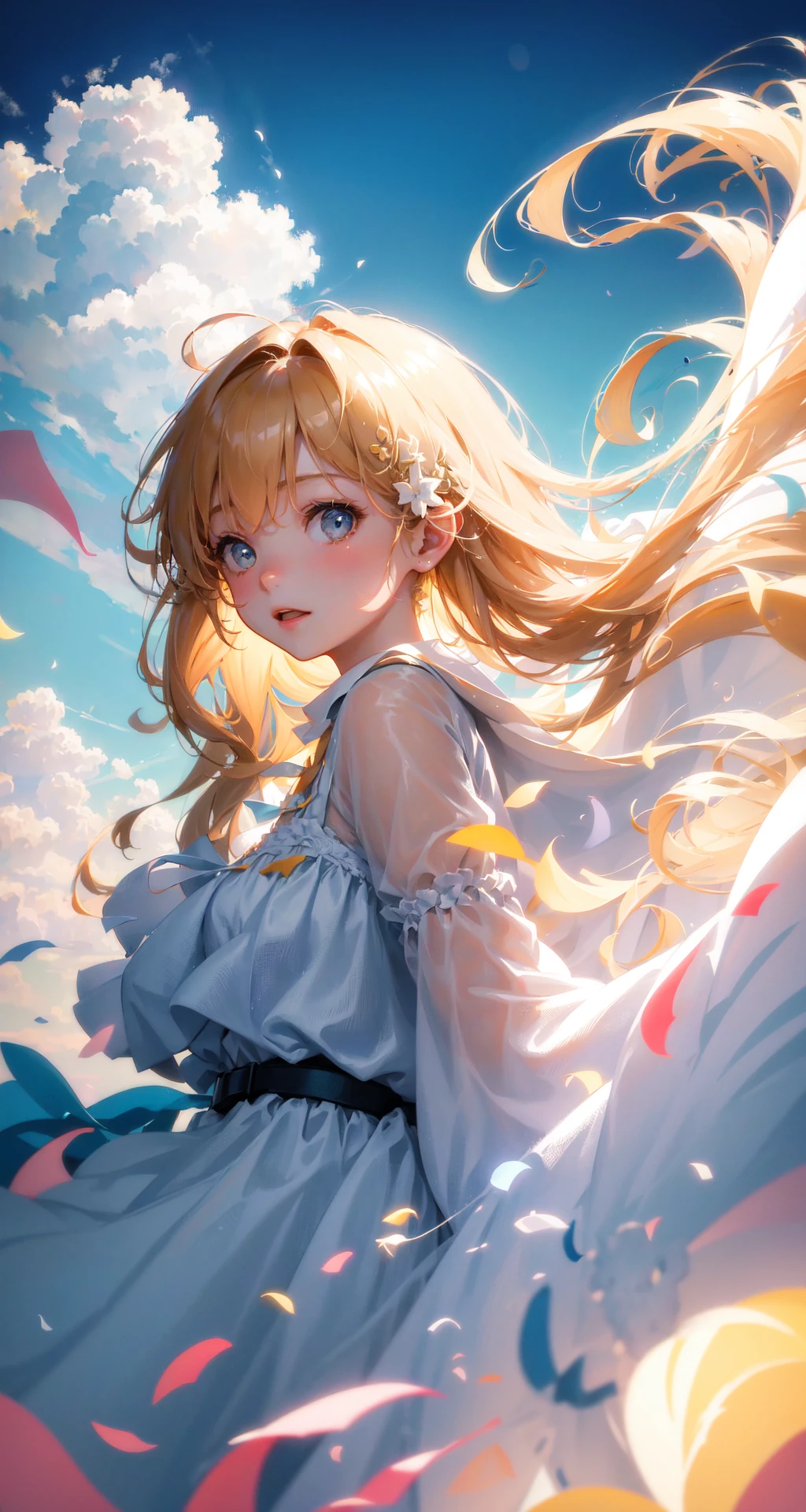 masterpiece, best quality, movie still, 1girl, floating in the sky, cloud girl, cloud, (close-up:1.1), bright, happy, fun, soft lighting, (Bauhaus, shapes, lines, abstract:1.1)