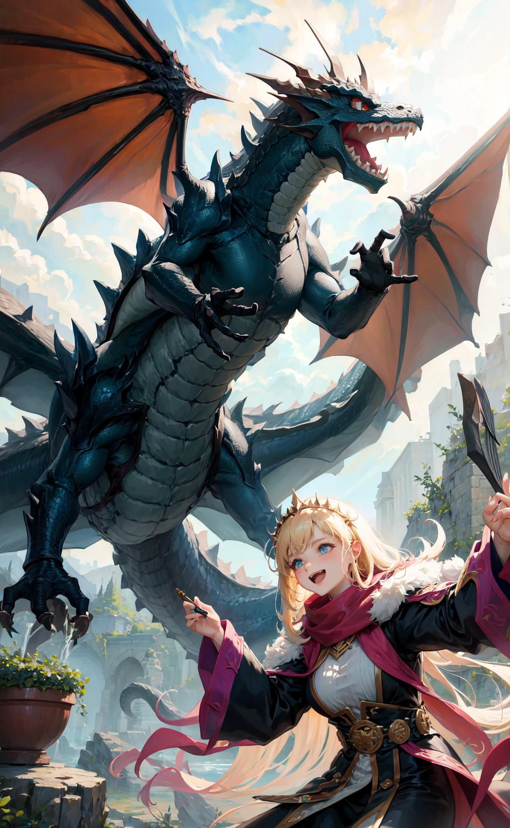 masterpiece, best quality, making friends with the elder dragon, fun, happy, bright
