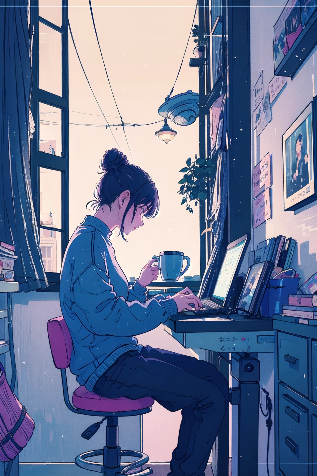 1girl, plant, cat, cup, sitting, potted plant, laptop, hair bun, solo, computer, single hair bun, table, wide shot, long sleeves, black hair, stool, holding cup, holding, indoors, chair, flower, window, aqua shirt, air conditioner, sweater, shirt, bowl, electric fan, short hair, mug, profile<lora:whitedew-pynoiseloha-000012:1>