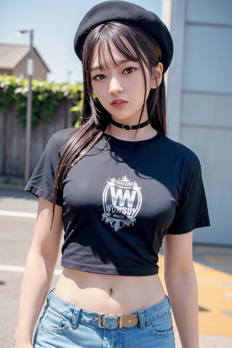 iveyujin, urban, streets, (day:1.1), RAW,(8k, best quality, masterpiece:1.2),(intricate details:1.4),(photorealistic:1.4),octane render, complex 3d render ultra detailed, studio soft light, rim light, vibrant details, ultra detailed, realistic skin texture, detailed face, beautiful detailed eyes, extremely detailed CG unity 8k wallpaper, makeup, (detailed background:1.2), (cowboy shot:1.2),(perfect anatomy:1.2),(wide hip:1.1),(black t-shirt, pants, choker, beret:1.2), <lora:iveyujin-v1:1>