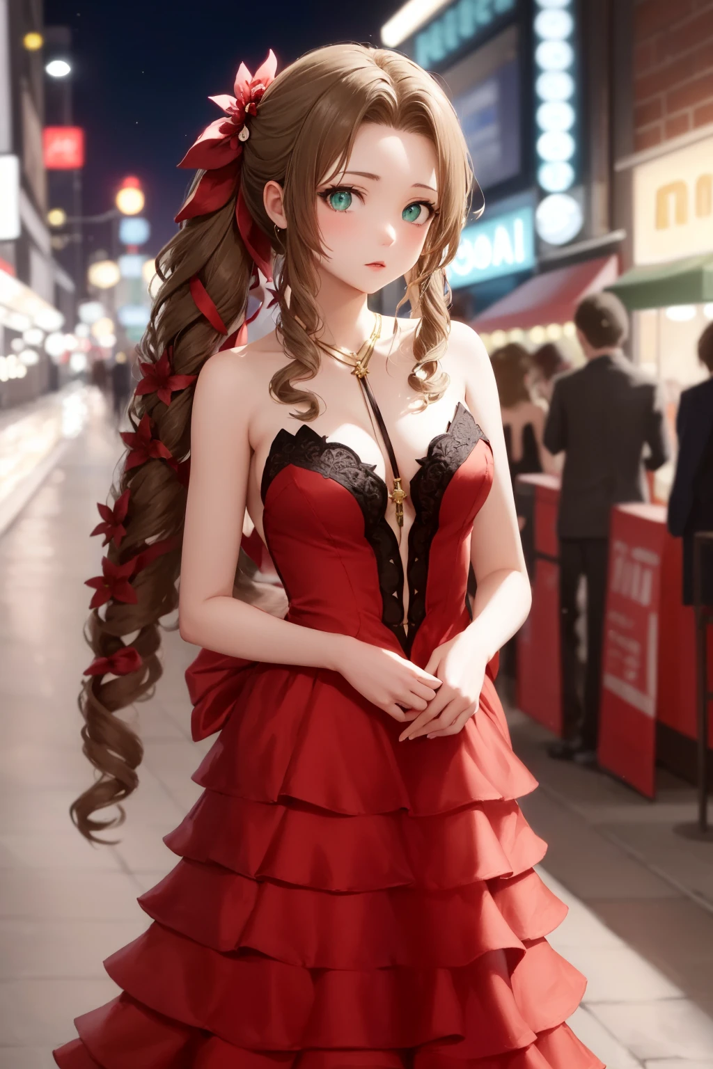 masterpiece, best quality, aerith gainsborough, very long hair, hair ribbons, hair flowers, strapless red dress, looking at viewer, cowboy shot, nighttime, waterfront, neon signs <lora:aerith-nvwls-v1-000010:0.9>