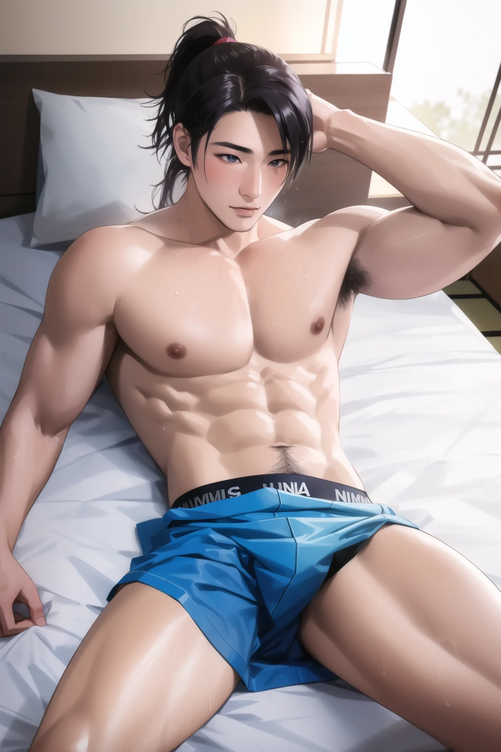 1man,masterpiece best quality, (japanese male model), from above,wet skin, messy hair, laying down, ponytail,bedroom,bokeh, bed sheets, bulge, homoerotic, hazy, summertime