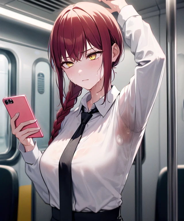 1girl, makima \(chainsaw man\), arm up, [armpits, covered nipples, wet clothes, see-through:0.6], bangs, breasts, black necktie, black trousers, braided ponytail, red hair, white dress shirt, long sleeves, ringed eyes, sidelocks, yellow eyes, holding phone, looking to the side, sweat stain, expressionless, serious face, crowd, holding,  train interior, upper body, (masterpiece, best quality:1.2)
<lora:sweat_stain:0.4>
<lora:makima_offset:0.9>