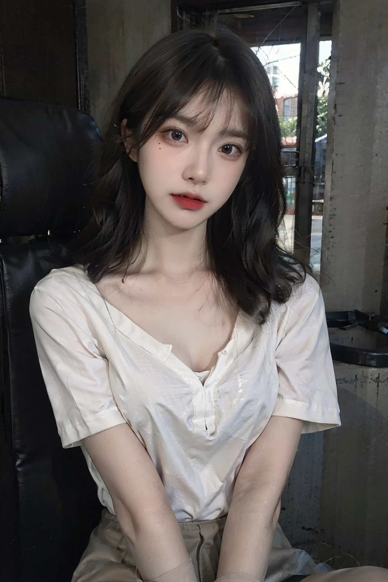 Best quality, masterpiece, ultra high res, (photorealistic:1.4), raw photo, (Authentic skin texture:1.3), (film grain:1.3), panorama, character portrait, very wide shot, Full body, narrow waist, cowboy shot , in the dark, deep shadow, low key, cold light, night,
indoor, a beam of light, dust, Tyndall effect, sad, disappointed, gloom (expression), hollow eyes, against window,
1girl, beautiful detailed eyes and face,JK_style,short-sleeved JK_shirt,short-sleeved JK_sailor,JK_suit,JK_tie,off shoulder, head down, brown eyes,<lora:FilmgirlLora_v30:0.6>,<lora:asianGirlsFace_v1:0.4:FACE>