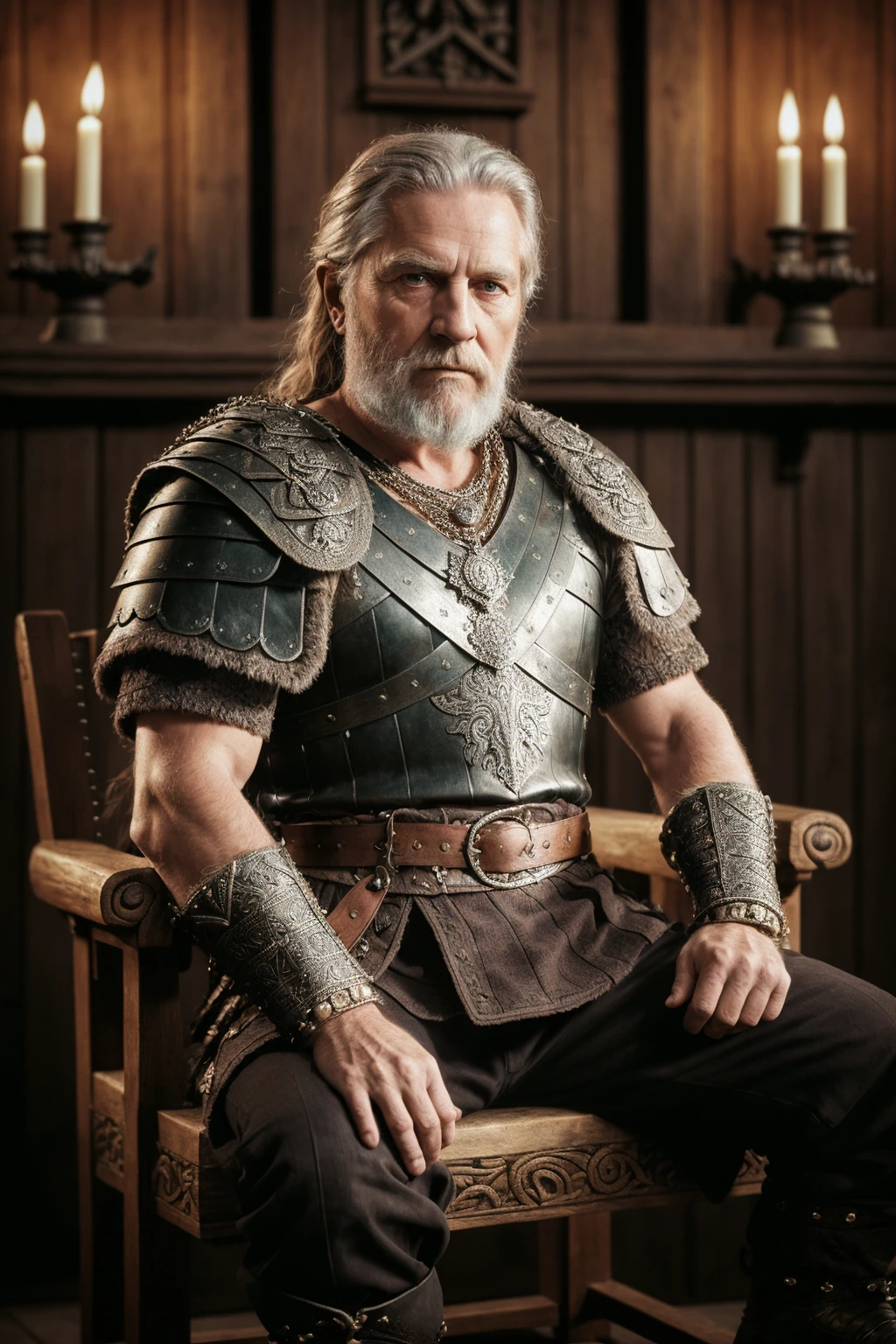 Highest quality, masterpiece, photorealistic, medium shot, RAW photo, of (a weary-looking but still proud and fierce-looking old Viking warrior, now the leader of his village, dressed in elaborately detailed chain mail and leather armour, sitting on a carved wooden throne furrowed with Viking runes and symbols, in the village meeting hall, on his lap rests an elaborately carved and beautifully crafted longsword, a few torches burn on the walls, giving the scene a dark atmosphere but sculpting the forms in sharp chiaroscuro), it is night time, (highly detailed skin), skin texture, (detailed face), detailed background, sharp focus, dark lighting, twilight lighting, volumetric lighting, highly detailed, intricate details, 8k, highly detailed, UHD, HDR