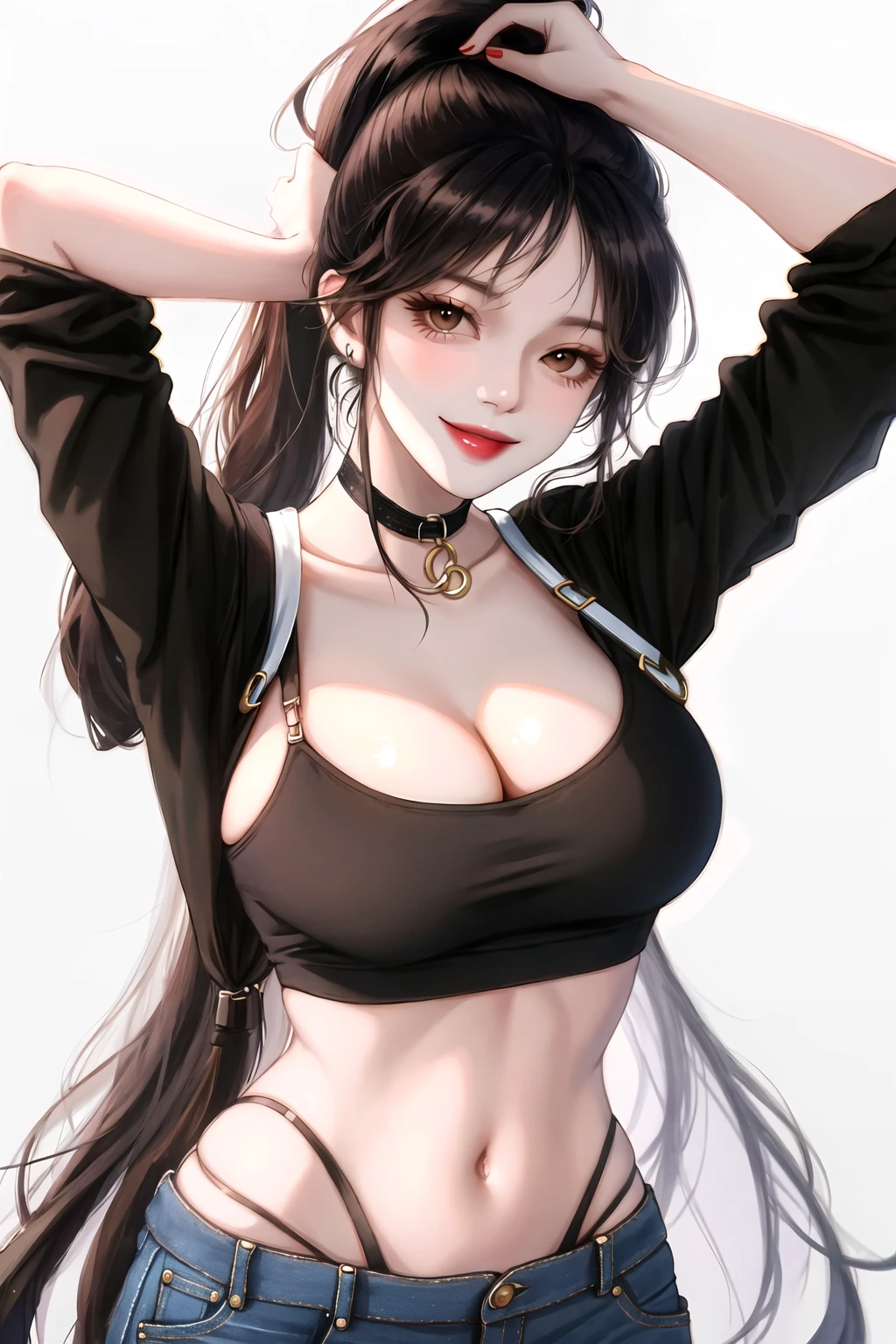 1girl, animification, arm up, black choker, black hair, black pants, brown eyes, choker, crop top, fashi-girl, hair behind ear, hand on own head, jewelry, long hair, looking at viewer, midriff, o-ring, pants, ponytail, shirt, solo, white background,mature female,narrow waist,shiny skin,wide hips,large breasts,cleavage,badass,fashionable,chic,high ponytail,smile,jeans