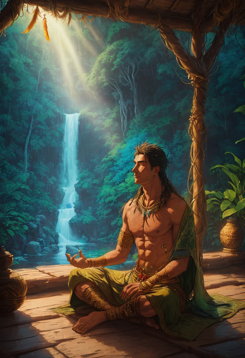 ((best quality)), ((masterpiece)), ((ultra realistic)), beautiful intricately detailed soft oil painting of a male shaman performing a ritual in a rain-forest hut, 1man sitting in meditation, ((colorful magical energy flowing through the air)), rickety wooden building, wearing intricately detailed primitive tribal garb, bone jewelry, by a vast water fall in the dense jungle, ((wildlife everywhere)), god rays,  diffuse lighting, (comic style),