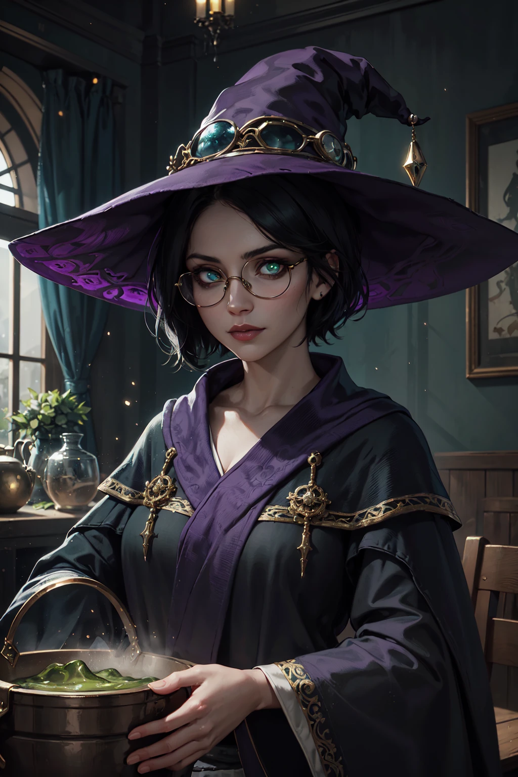 portrait of witch lady, round eyewear, glowing eyes, eye focus, short black hair, purple hat, ornate robe, dark medieval room indoors, cauldron with green potion, spider web, particles, fantasy