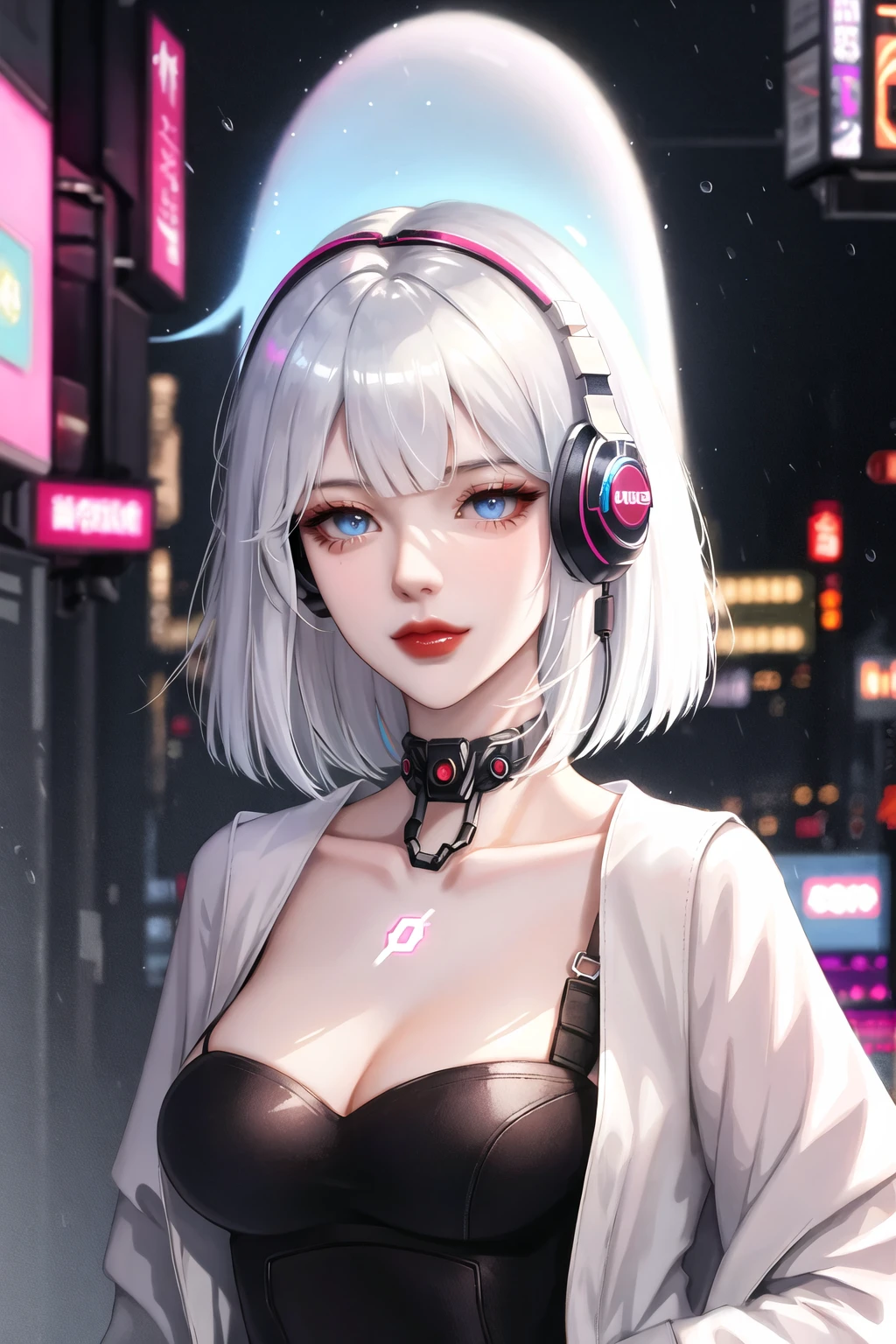 1girl, bangs, white hair, blue eyes, fashi-girl,bob cut,short hair, cleavage, collarbone, open jacket,mecha,cyberpunk,neon lights,large breasts,mature female,shiny skin,rain,water drop,badass,alluring,mecha musume,ghost in the shell,red lips,looking to the side,closed mouth,headphones,cinematic lighting