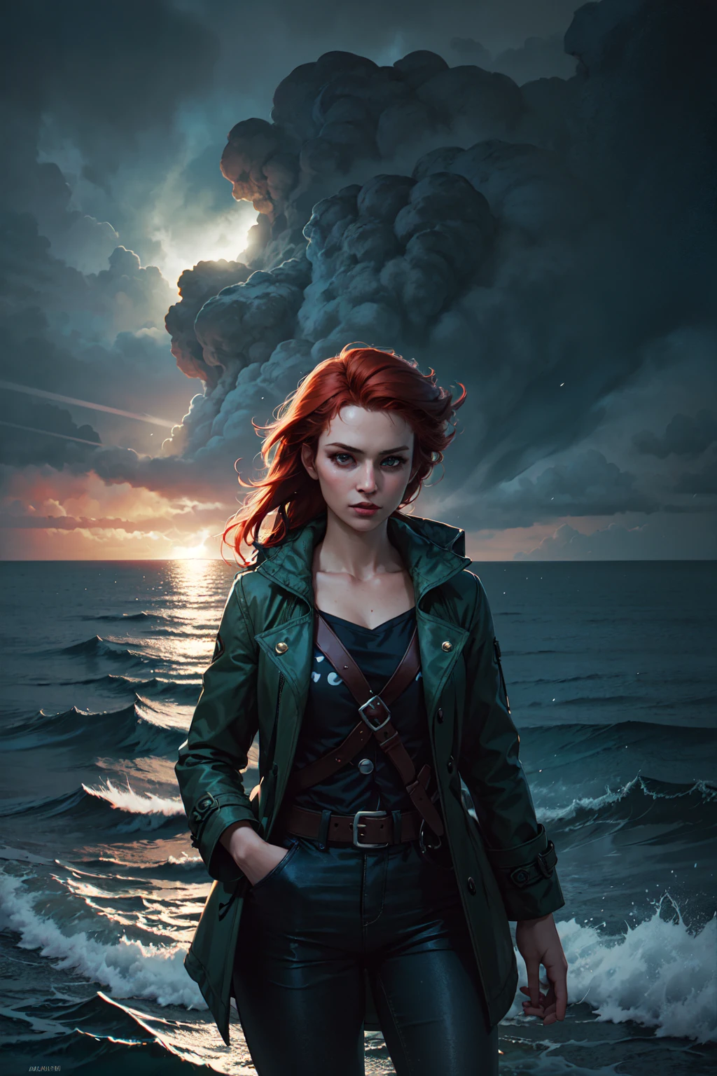 1girl, cowboy shot of redhead pirate, long green coat, sea, storm, dark atmosphere, volumetric lighting, best quality, masterpiece, chromatic aberration, realistic