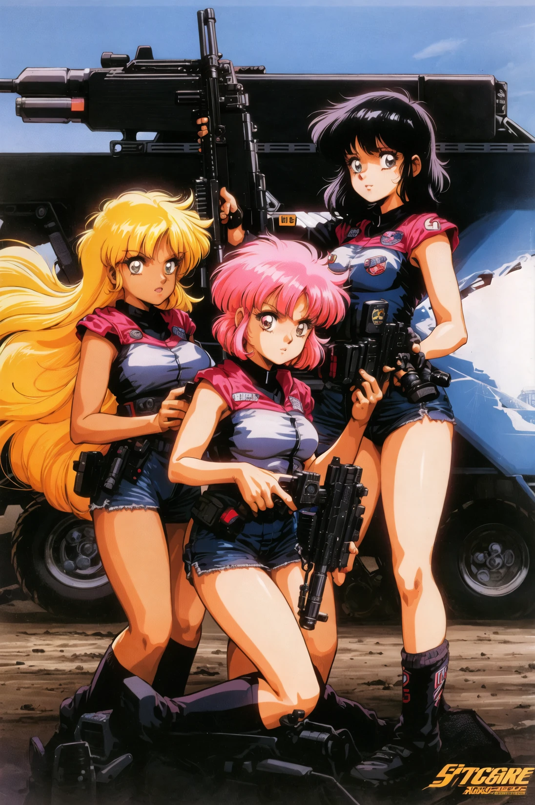 1980s \(style\), 3girls, assault rifle, black hair, blonde hair, dark-skinned female, gun, handgun, holding gun, long hair, multiple girls, orange hair, pink hair, pistol, retro artstyle, revolver, rifle, science fiction, short hair, shotgun, submachine gun, trigger discipline, weapon <lora:80sv1:0.6>