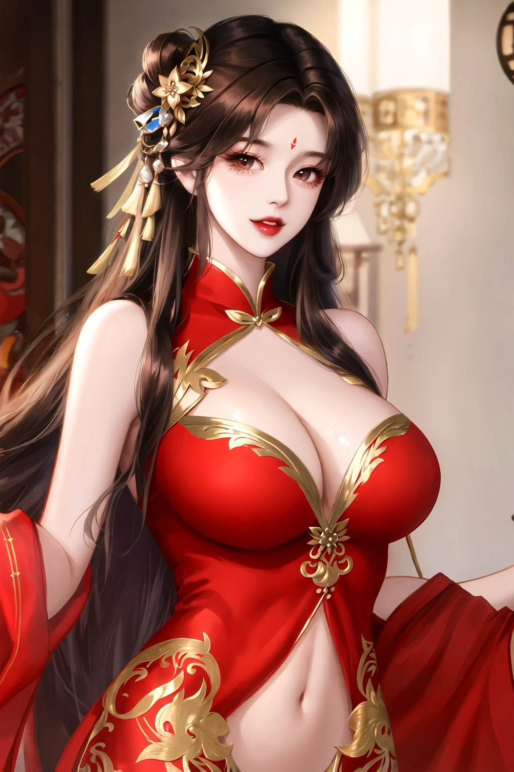 1girl, bare shoulders, black hair, brown hair, chinese clothes, dress, facial mark, fashi-girl, forehead mark, hair ornament, long hair, looking at viewer, red dress, solo, upper body,mature female,milf,graceful,navel,narrow waist,wide hips,large breasts,shiny,shiny skin