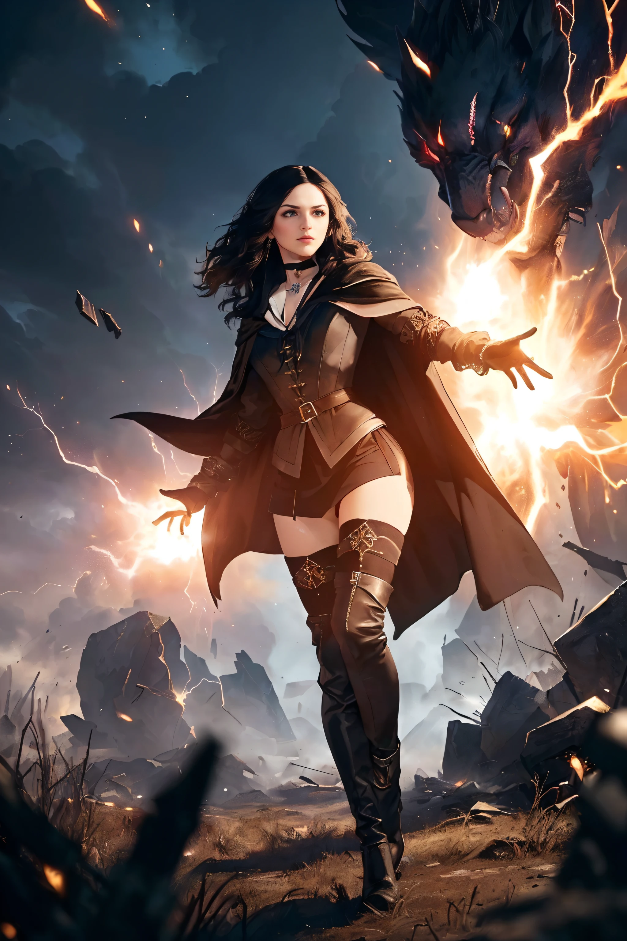 realistic, realistic details, detailed, (((1girl, slender, full body, yennefer, thigh high, choker, jewelery, leather, black mage robe, cape, chanting electricity magic, graviational magic, debris, epic battle between two armies, opposing armies clashing in background, perspective, sharp focus, depth of field, detailed background))) <lora:CG_Yen_TW3:0.6>