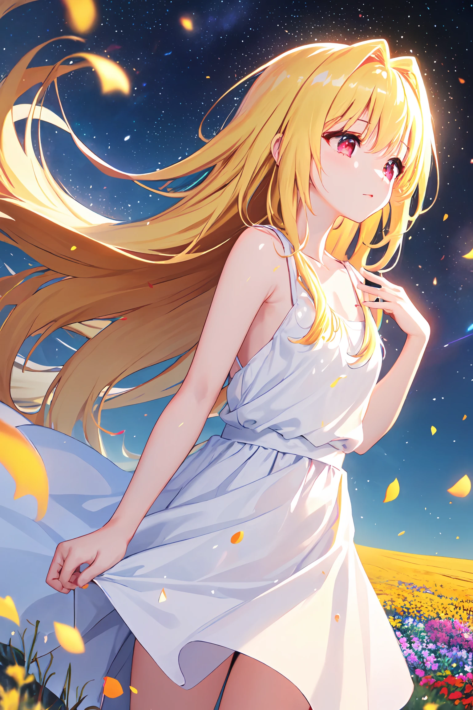 (masterpiece:1.6, best quality), (finely detailed beautiful eyes: 1.2), phyami, yaminor,  lanpla, 1girl, long hair, blonde hair, solo, flower field, white dress, planet, starry sky, petals, scenery, floating hair, night, sleeveless, sundress, very long hair, sleeveless dress, (red eyes),  <lora:yami-1:0.7>,