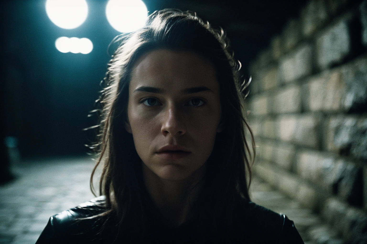 closeup, look at the camera, girl, no makeup, focus face, dark fantasy, dungeon, stone walls, torch, darkness, Full Frame, 35 mm, bokeh, (cinema shot)