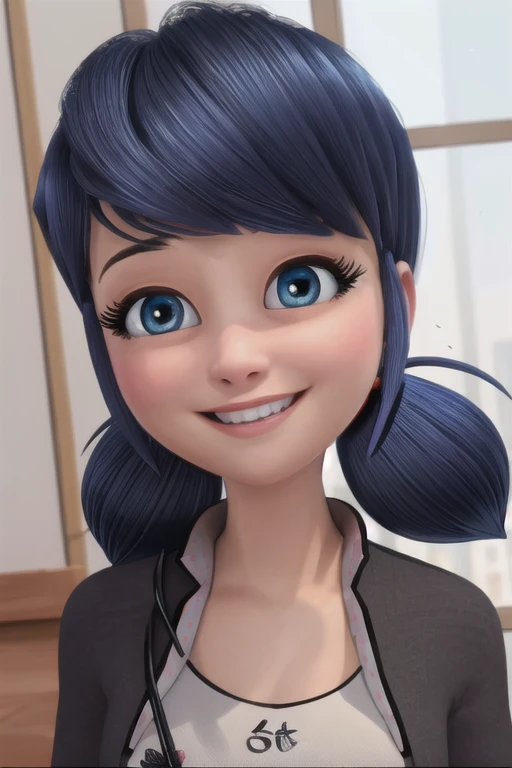 (8k, RAW photo, best quality, masterpiece:1.2), (intricate details), perfect eyes, perfect face, perfect lighting, beautiful, (masterpiece:1.2), (best quality:1.2), 1girl, solo, marinette, blue hair, ponytails, <lora:marinette-10:0.85>, smiling