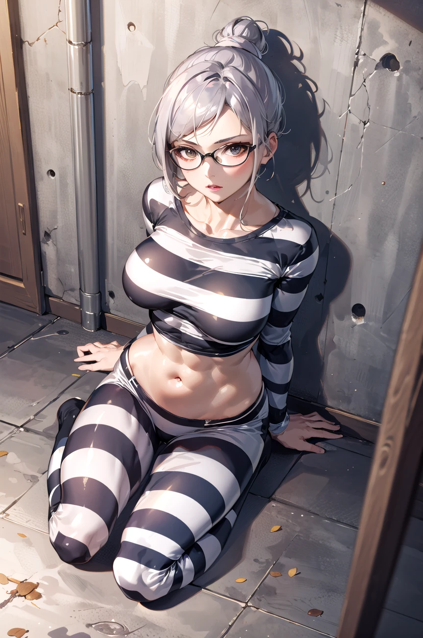 (masterpiece,best quality, detailed), 1girl, solo, indoors, prison, dark, kneeling, handcuffs, from above,
shiraki meiko, striped, midriff, prison clothes, glasses, hair bun