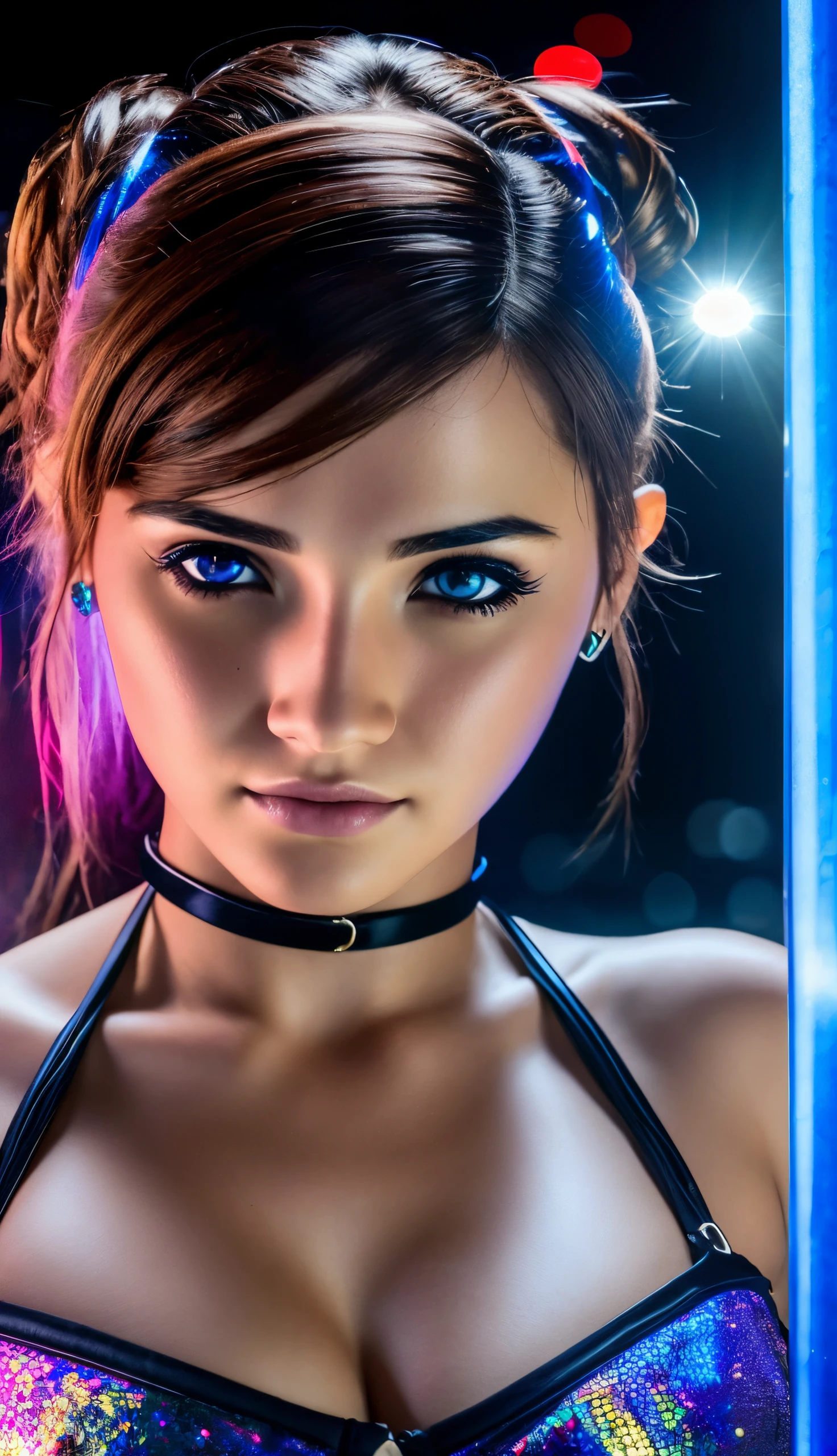 (((realistic))) canon 5d, masterpiece, highest quality, 4k, 8k, 16k, ultra high-res, raw photo in hdr, sharp focus, hyper realistic, lifelike texture, intricate face, intricate eyes, high contrast, skin imperfections, subsurface scattering, f2, depth of field, film grain, a photograph of a mesmerizing female cyberpunk street artist, creating a vivid and detailed holographic mural in a neon-lit urban alley, ([Elisabeth Shue|Ana de Armas|Bryce Dallas Howard]:0.8), closeup, glowing eyes, [(colorful explosion psychedelic paint colors:1.21)::0.15], detailed background, round cute face, green eyes, detailed clothes, skinny, shinny glossy skin, subsurface scattering, (gothic:0.8), double bun, bangs, frills, skirt,