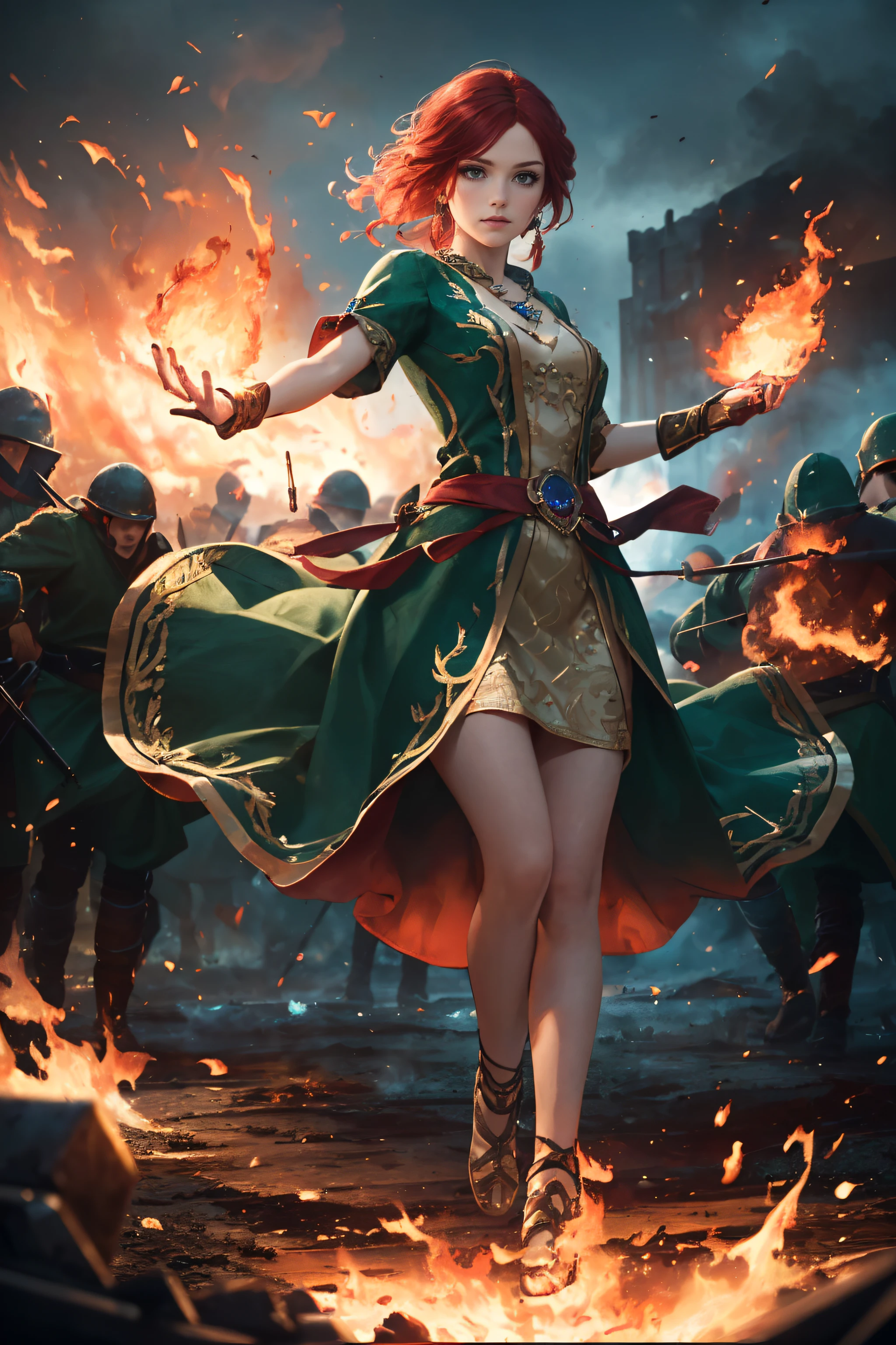 realistic, realistic details, detailed, (((1girl, slender, full body, trmg, red hair, intricate green dress, jewellery, casting fire magic, fiery battlefield, perspective, sharp focus, depth of field, detailed background, people in background))) <lora:CG_Triss_TW3:0.6>