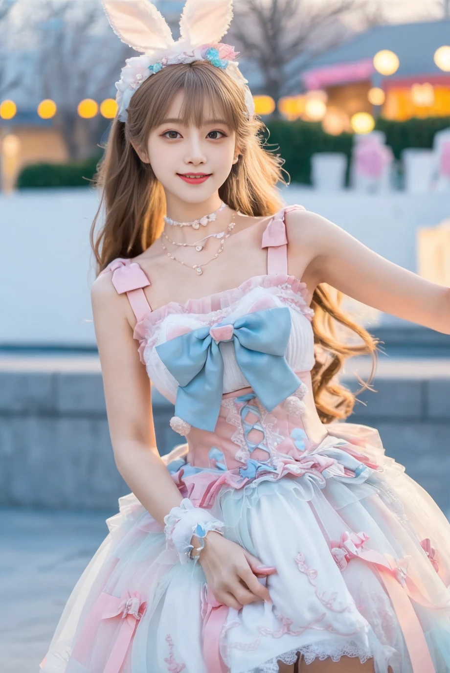 1girl, solo,mix4, (realistic:1.1), (photorealistic:1.1), (masterpiece:1.1), (best quality:1.1), ultra detailed, looking at viewer, smile,sweet_lolita,standing , natural lighting, depth of field, (pureerosface_v1:0.8), amusement park in the background,(night),<lora:sweetLolita_REG:0.7> ,<lora:A_BaseFace_1_cuteGirlMix4_v10:0.6> ,<lora:A_BaseFace_5_cuteAsianFace_v10:0.6>
