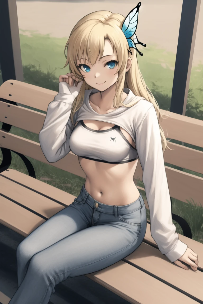 masterpiece, best quality, absurdres, perfect anatomy, 1girl, solo, shrug \(clothing\), long sleeves, Sena Kashiwazaki, long hair, butterfly hair ornament, medium breasts, crop top, pants, sitting, bench, smile