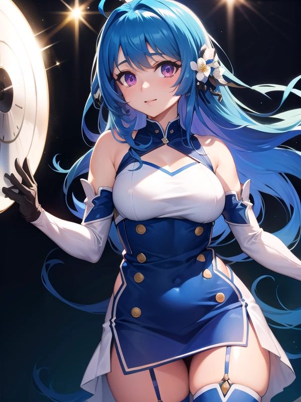 (hyper extreme detailed),(masterpeace),(hyper extreme),(photorealistic),CG,(colour:1.2), beautiful lighting,light from the front,rating:safe,solo, <lora:helena:1>,helena,blue hair,long hair,puple eyesblue dress,thigh_boots,elbow_gloves,short dress,