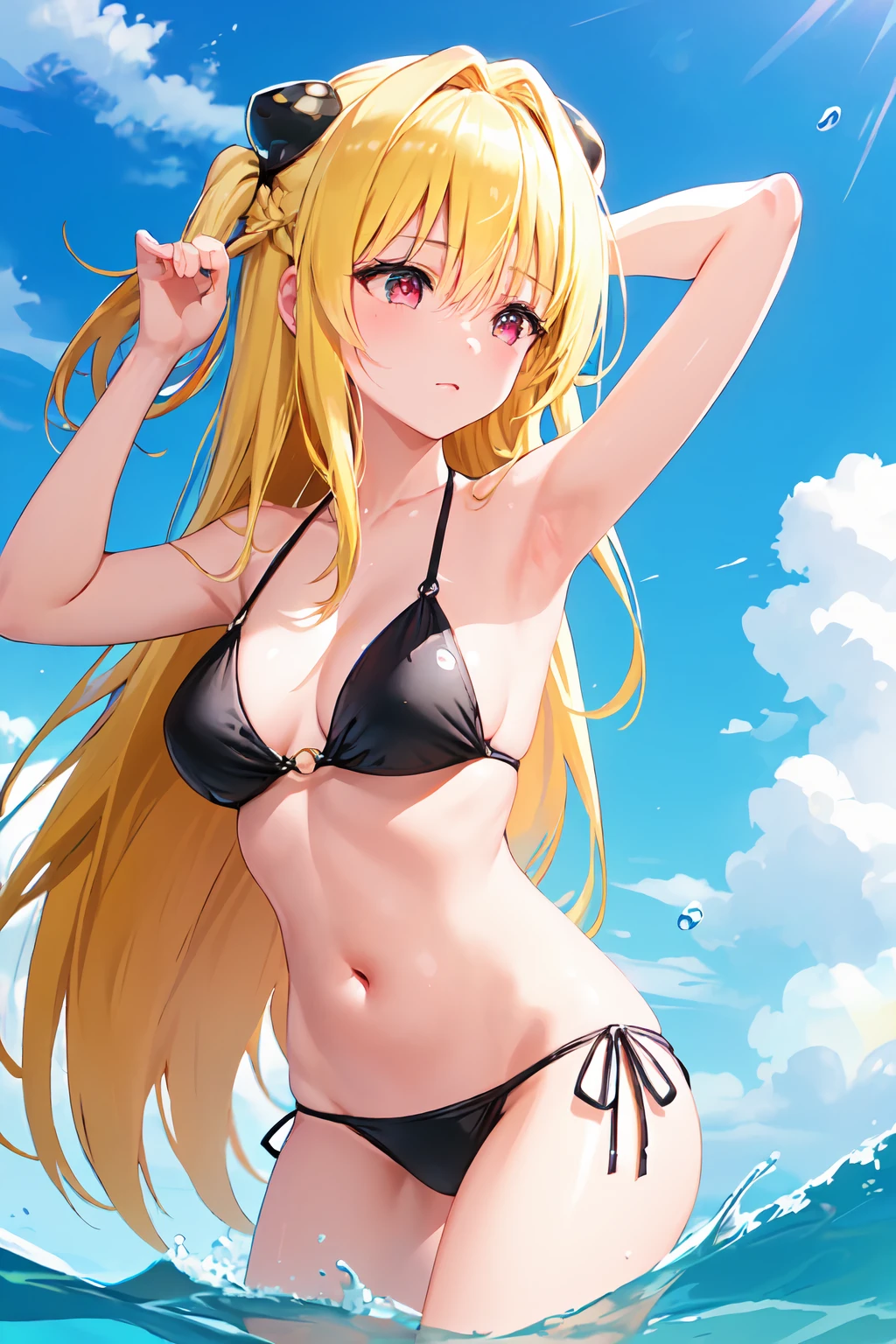 (masterpiece:1.6, best quality), (finely detailed beautiful eyes: 1.2), phyami, yamisch, 1girl, long hair, solo, hair ornament,  two side up, blonde hair, red eyes, bikini, ocean, arms up, hair ornament, 
, <lora:yami-1:1.0>,