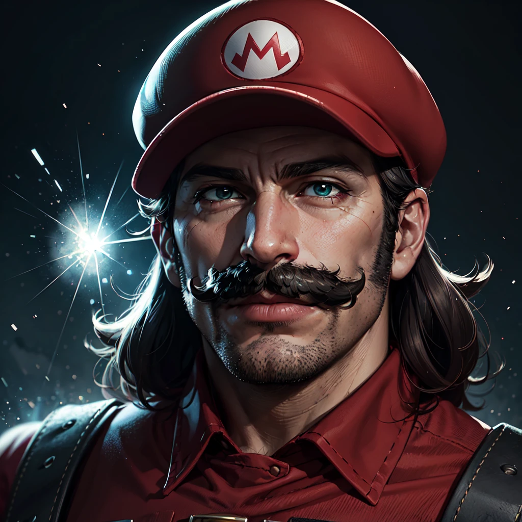 portrait of mario, red hat, mustache, particles, eye focus, bright scene