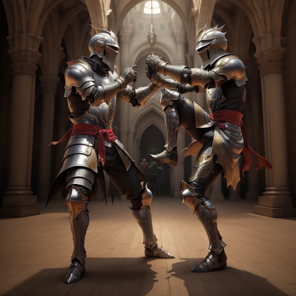 masterpiece, best quality,medieval armor, 2boy,fighting stance, fighting,