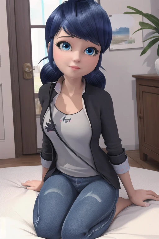 (8k, RAW photo, best quality, masterpiece:1.2), (intricate details), perfect eyes, perfect face, perfect lighting, beautiful, (masterpiece:1.2), (best quality:1.2), 1girl, solo, marinette, blue hair, full body, <lora:marinette-10:0.75>