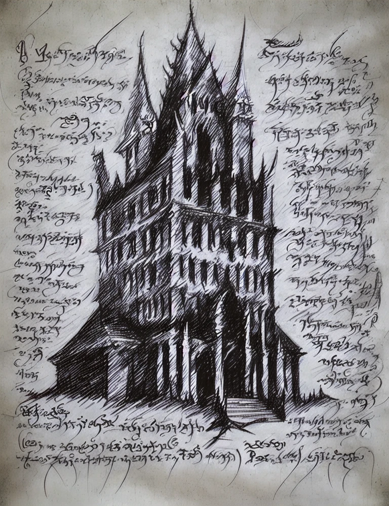 (PLAIN WHITE BACKGROUND), (rough sketch),closeup demonic (building), dissected, necronomicon, scribbled,handwritten text, <lora:Necronomicon-10:1>