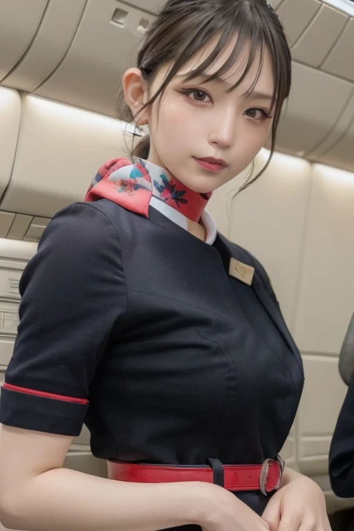 jal uniform,a woman in a uniform and red neck scarf,(RAW photo, best quality), (realistic, photo-realistic:1.4), masterpiece, an extremely delicate and beautiful, extremely detailed, 2k wallpaper, Amazing, finely detail, extremely detailed CG unity 8k wallpaper, ultra-detailed, highres, soft light, beautiful detailed girl, extremely detailed eyes and face, beautiful detailed nose, beautiful detailed eyes,inside an aeroplane interior,perfect anatomy,soft light,slender body,standing