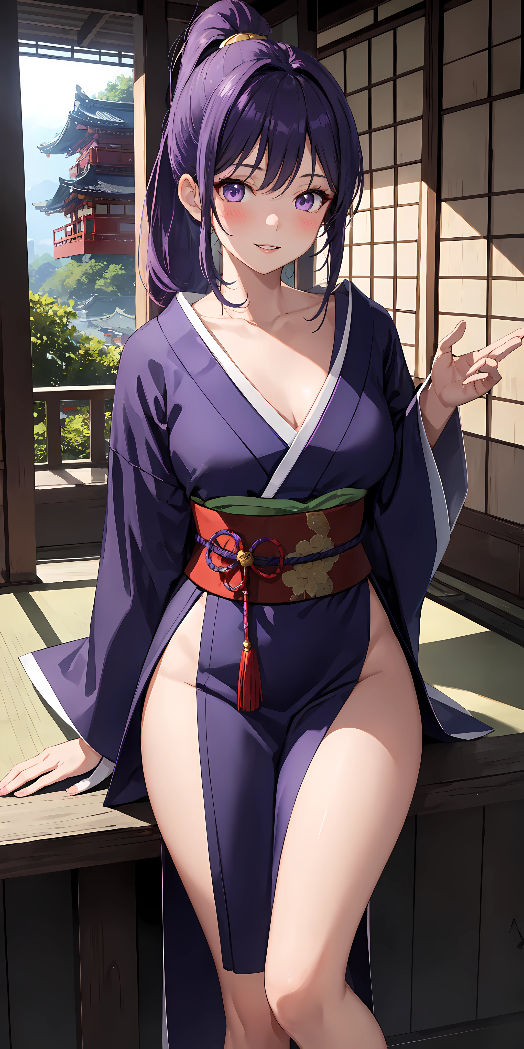 1girl, ponytail, parted lips, blush, makeup, light smile, purple hair, purple eyes, japanese clothes, light rays, glow, thighs, collarbone, narrow waist, (masterpiece), wallpaper, east asian architecture,